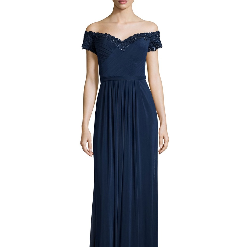 La Femme Beaded Off-the-Shoulder Gown, Navy